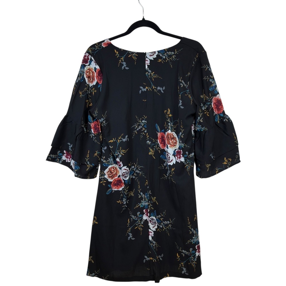 Belongsci‎ Black Floral Shift Dress V-Neck Bell Sleeve Back Zip Women's S